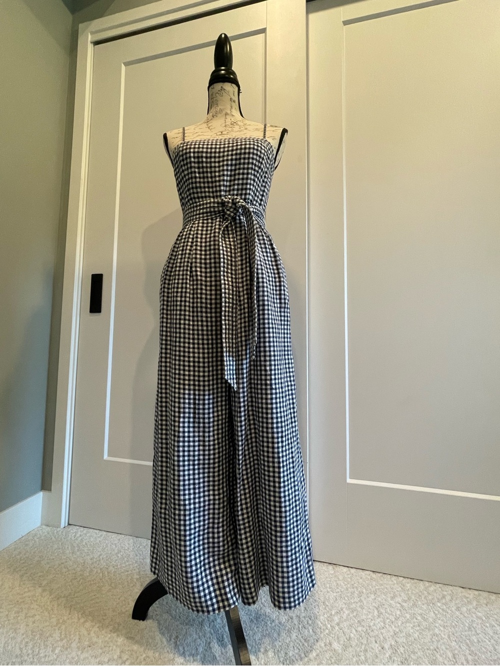 J. Crew Navy and White Gingham Square-Neck Jumpsuit with Waist Tie